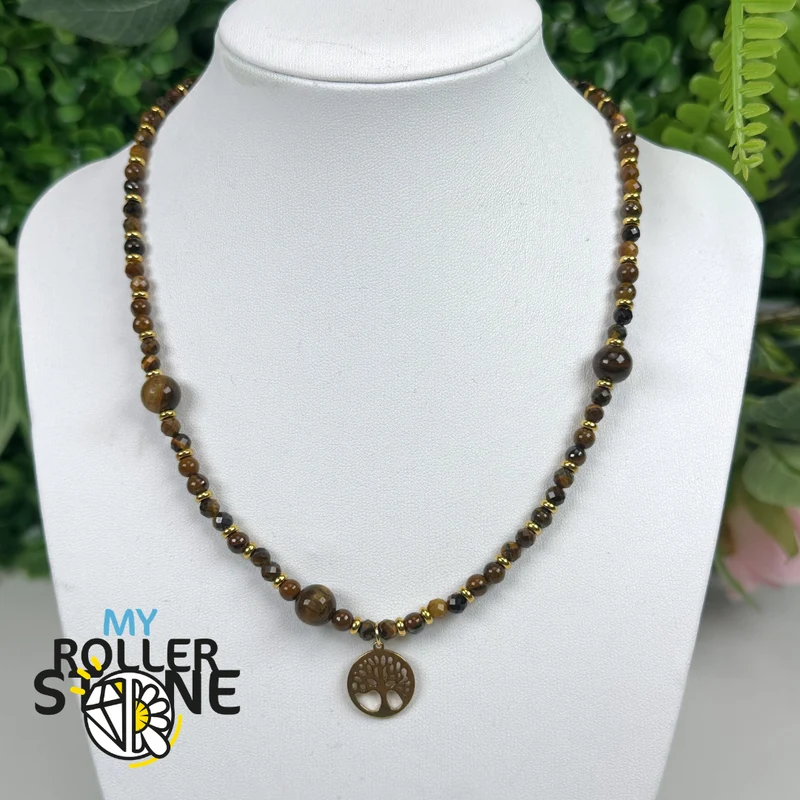 Collar Árbol de la Vida en ojo de tigre natural y acero inoxidable 304 chapado en oro.