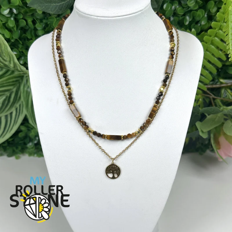 Collar doble de árbol de la vida en ojo de tigre natural y acero inoxidable 304 chapado en oro.