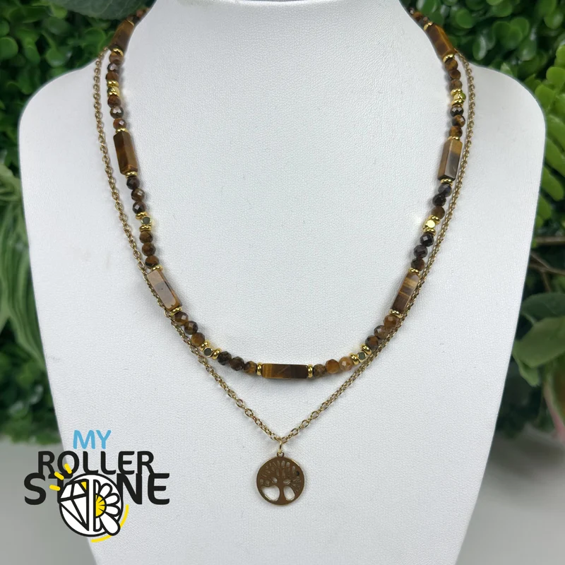 Collar doble de árbol de la vida en ojo de tigre natural y acero inoxidable 304 chapado en oro.
