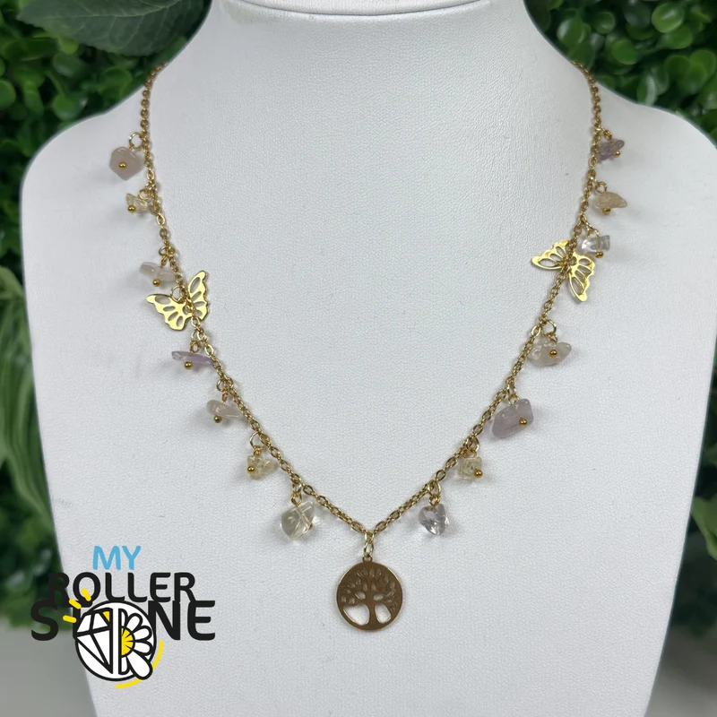 Collar Árbol de la Vida en ametrino natural y acero inoxidable 304 chapado en oro.