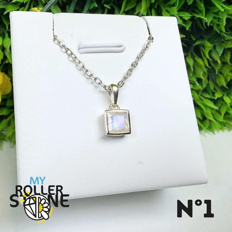Colgante facetado de piedra lunar arcoíris en plata de ley 925 – 7RM