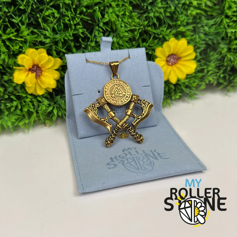 Colgante vikingo Valknut y hacha doble en acero inoxidable 304.