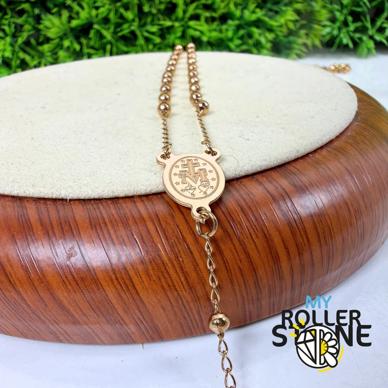 Rosario de Oro – Cruz y Medalla de la Virgen María – Acero Inoxidable 304