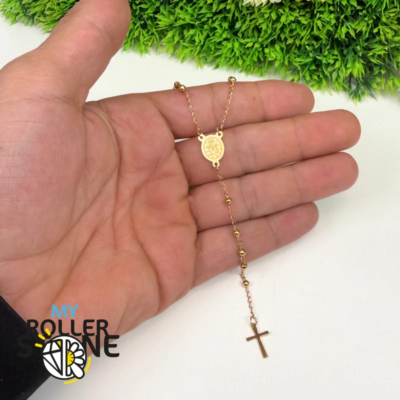 Rosario de Oro – Cruz y Medalla de la Virgen María – Acero Inoxidable 304