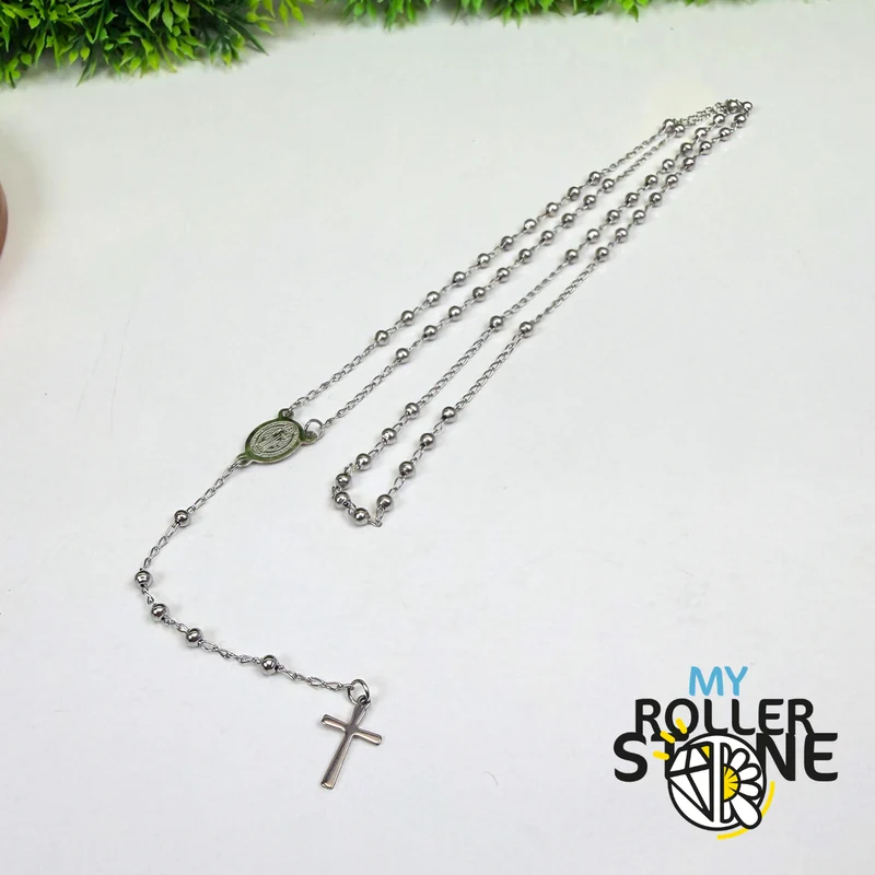 Rosario de plata con cruz y medalla de la Virgen María – Acero inoxidable 304