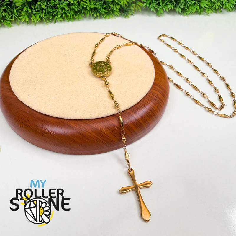 Rosario de Oro – Cruz y Medalla de la Virgen María – Acero Inoxidable 201