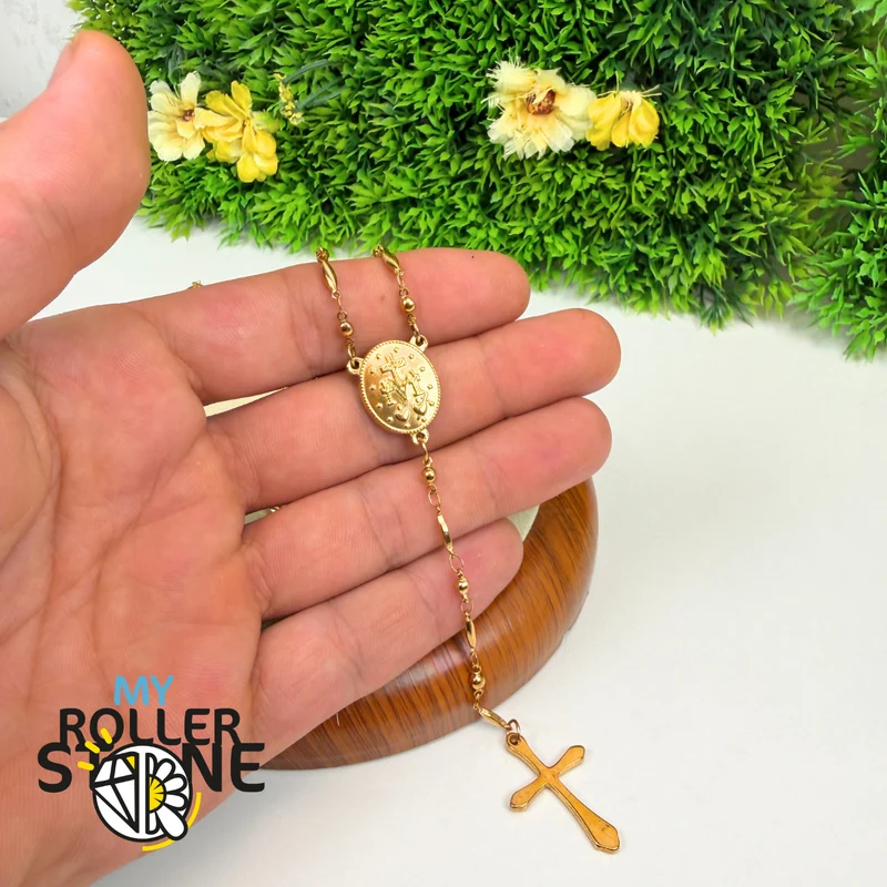 Rosario de Oro – Cruz y Medalla de la Virgen María – Acero Inoxidable 201