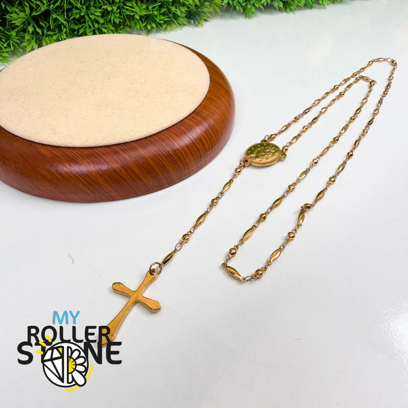 Rosario de Oro – Cruz y Medalla de la Virgen María – Acero Inoxidable 201