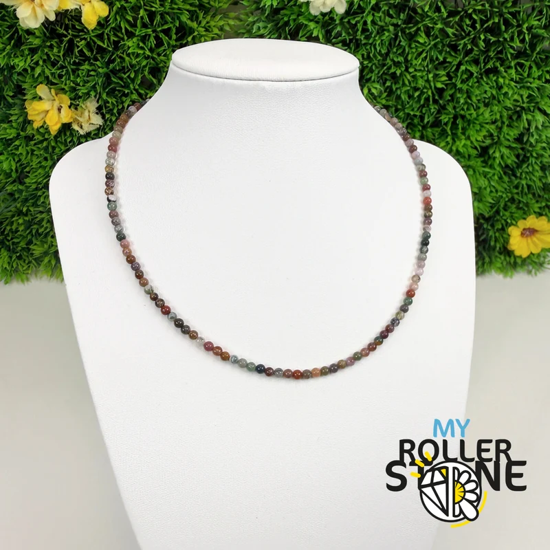Collar de ágata india natural – Cuentas finas – Acero inoxidable chapado en oro