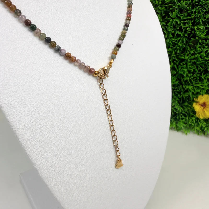 Collar de ágata india natural – Cuentas finas – Acero inoxidable chapado en oro
