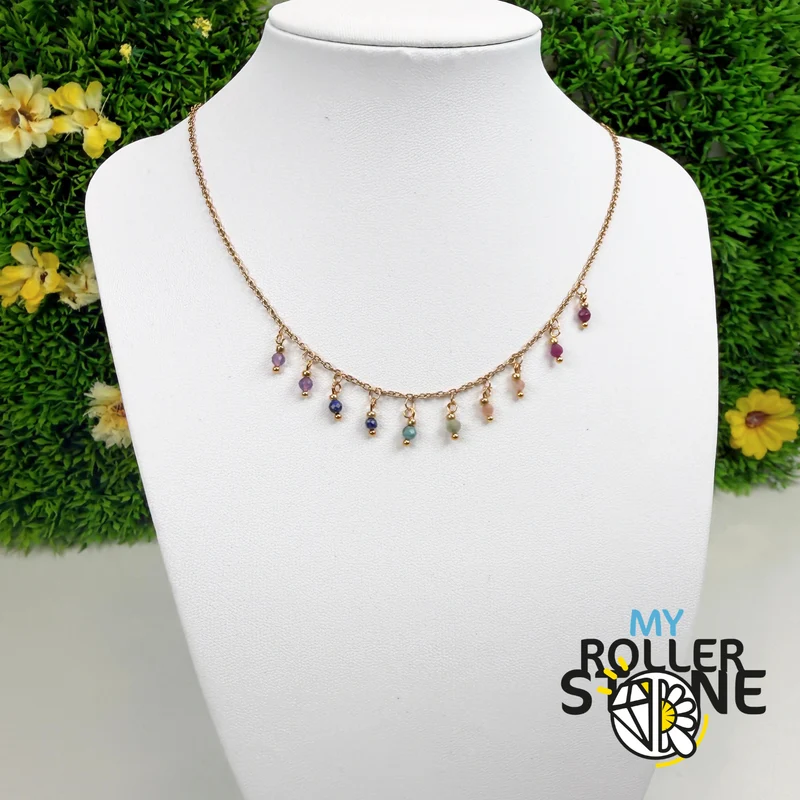 Collar múltiple de piedras naturales facetadas – Amatista, rubí, piedra solar y jaspe... – Acero inoxidable chapado en oro