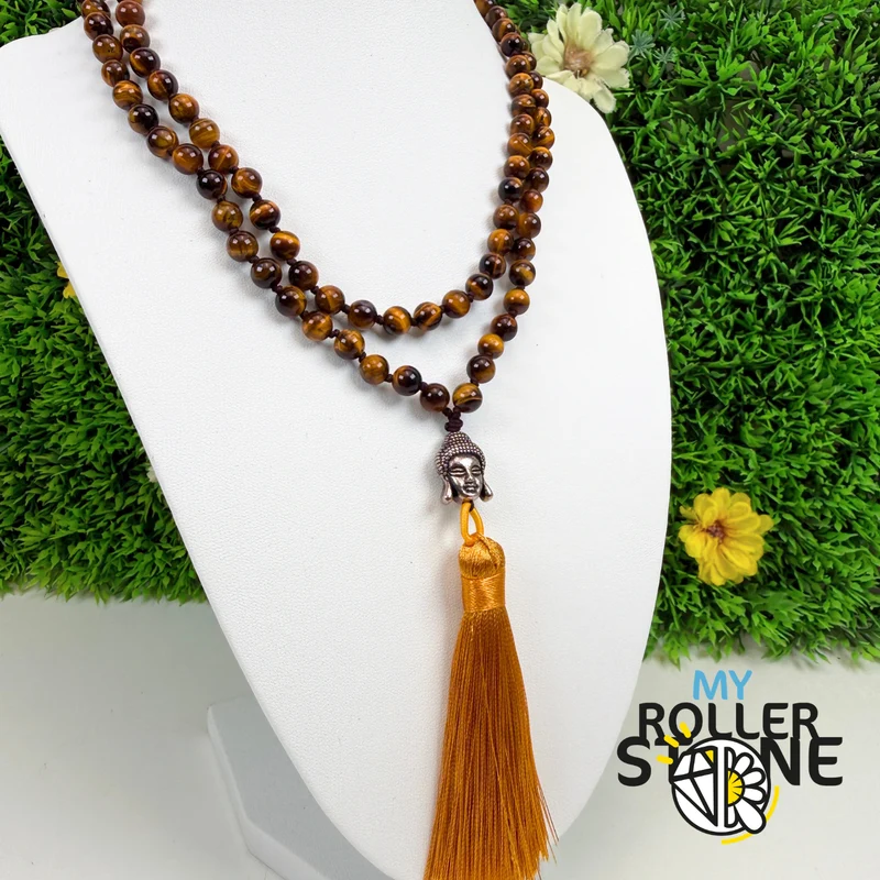 Collar Mala de ojo de tigre natural – Cabeza de Buda – Borla
