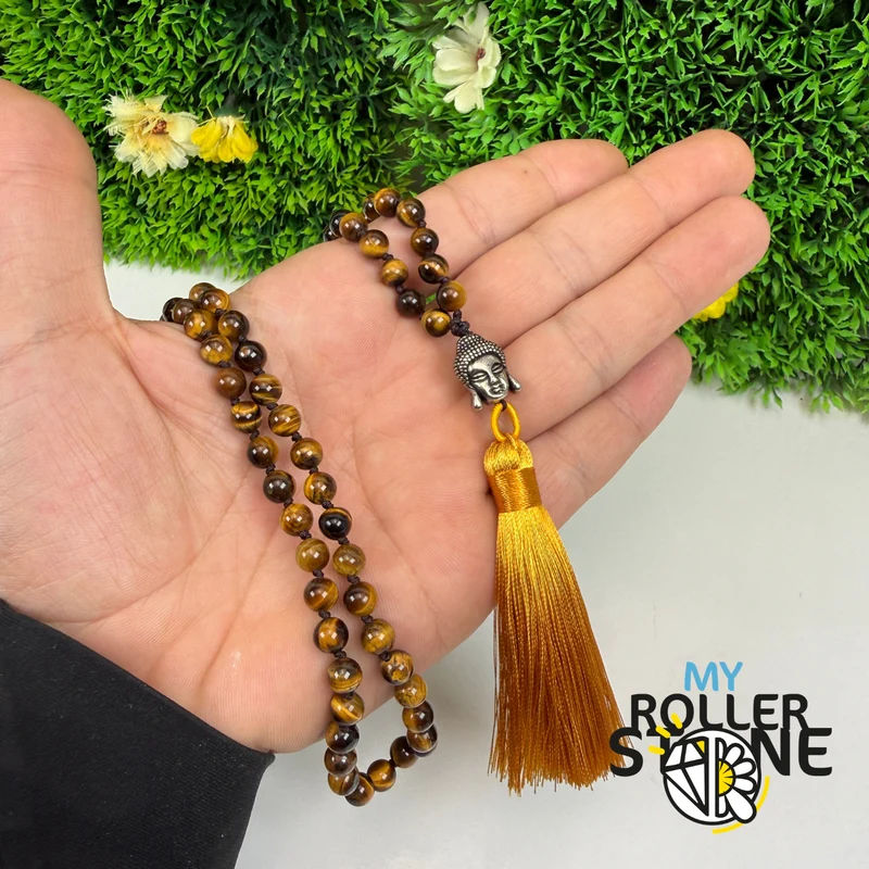 Collar Mala de ojo de tigre natural – Cabeza de Buda – Borla