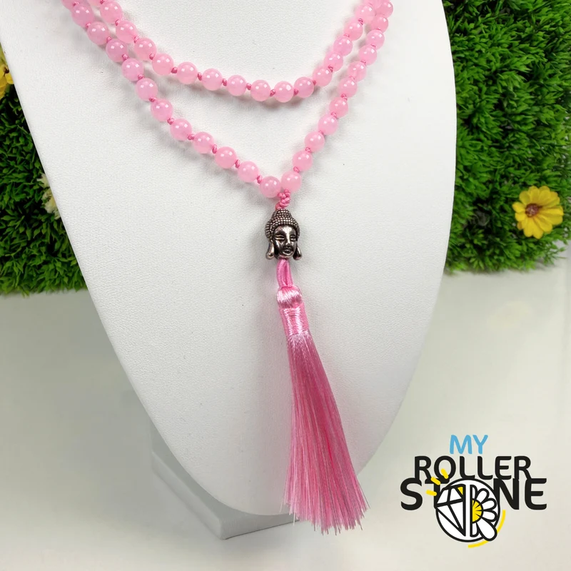 Collar Mala de cuarzo rosa natural – Cabeza de Buda – Borla