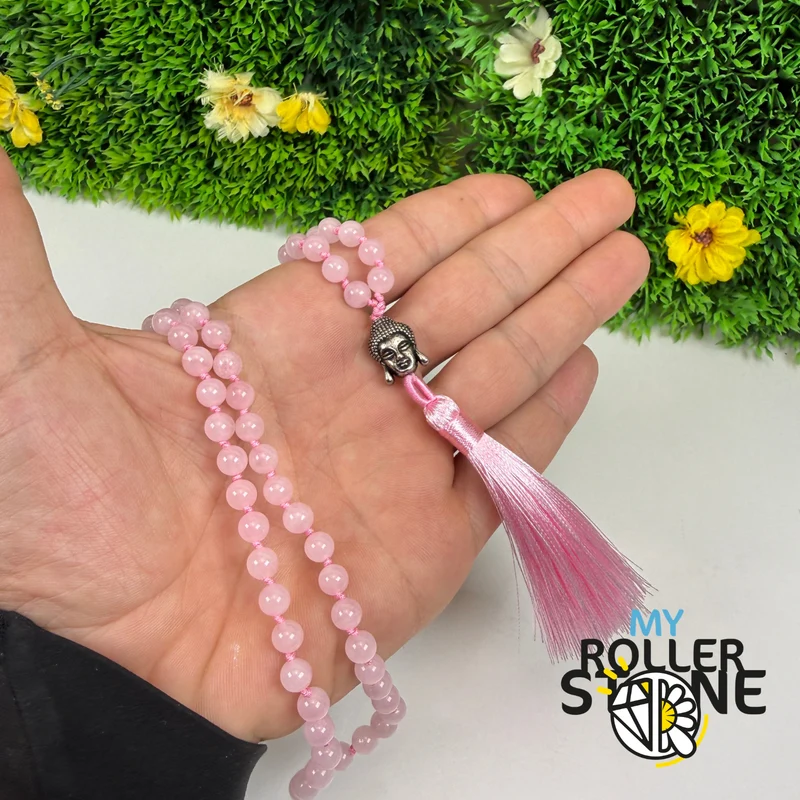 Collar Mala de cuarzo rosa natural – Cabeza de Buda – Borla