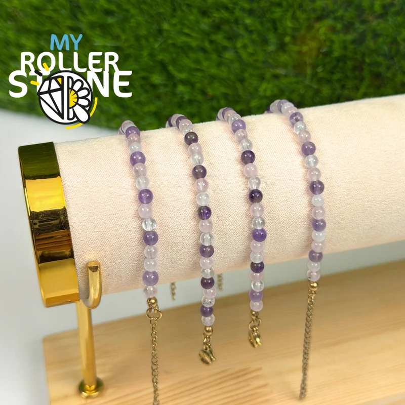 Pulsera ajustable de acero inoxidable con cuarzo rosa y amatista