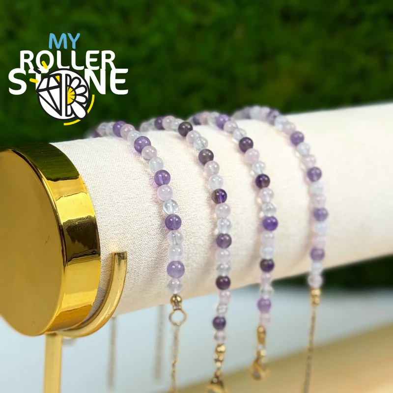 Pulsera ajustable de acero inoxidable con cuarzo rosa y amatista