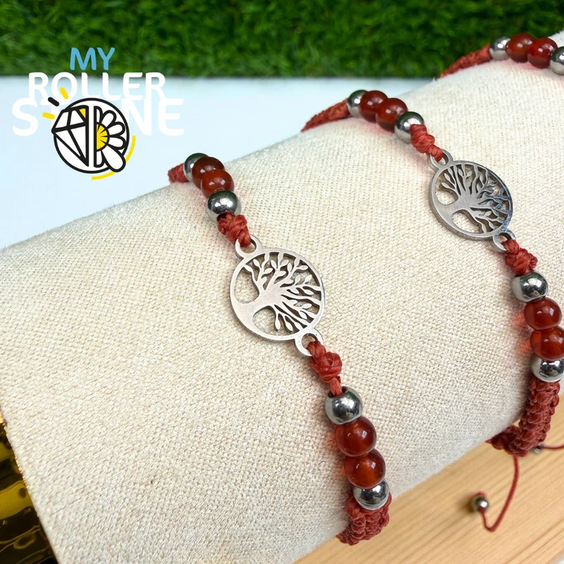 Pulsera trenzada ajustable con árbol de la vida y ágata.