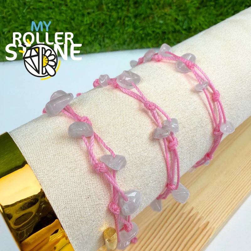 Pulsera de cuarzo rosa con cordón encerado