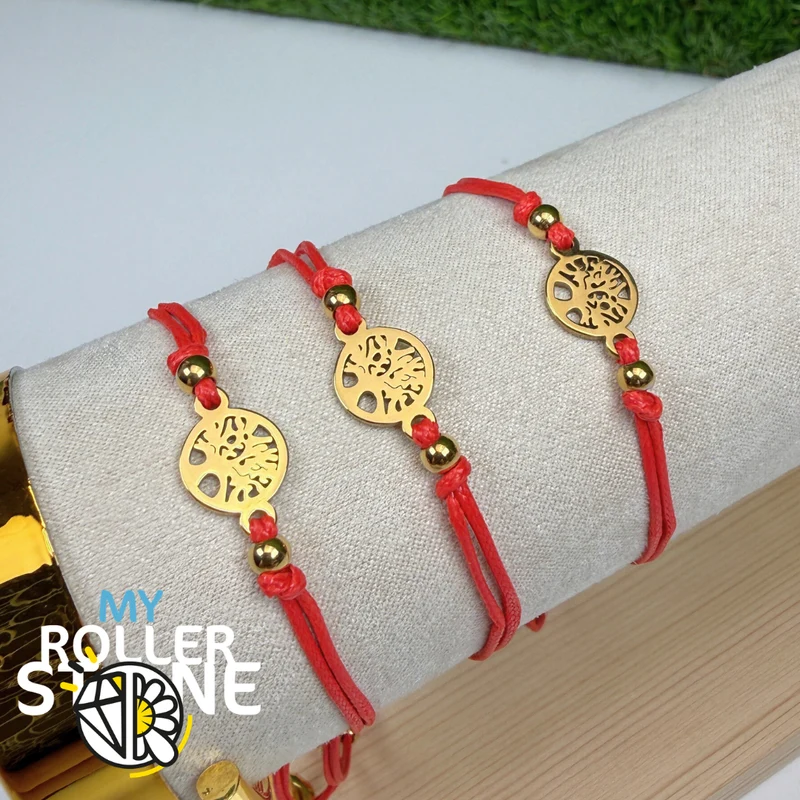 Pulsera Árbol de la Vida, acero inoxidable, cordón rojo.
