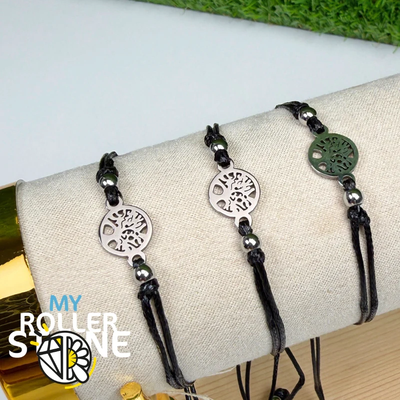 Pulsera Árbol de la Vida de acero inoxidable con cordón