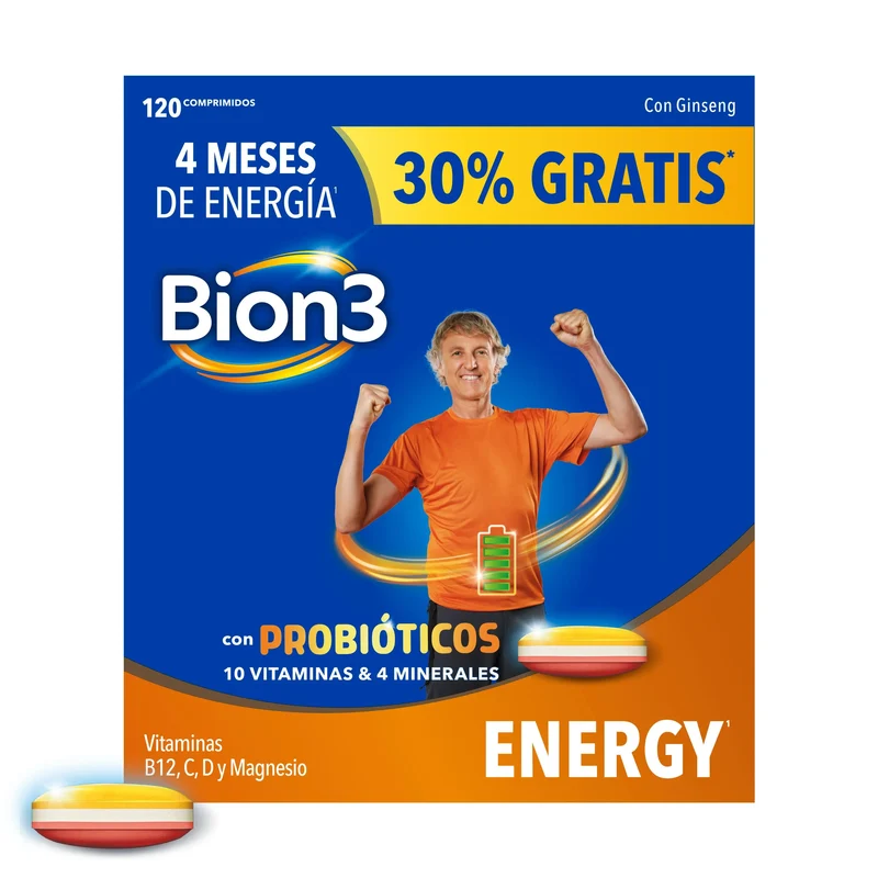 Bion3 Energy Comprimidos Multivitamínicos con Probióticos, Vitamina B12, C y Magnesio