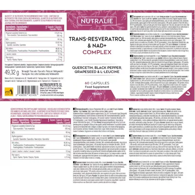 Nutralie Trans Resveratrol Y Nad+ Complex Con Quercetina + Piperina, 60 cápsulas