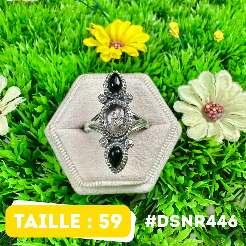 Anillo de diseño de ónix negro y cuarzo rutilo en plata de ley 925 #DSNR446