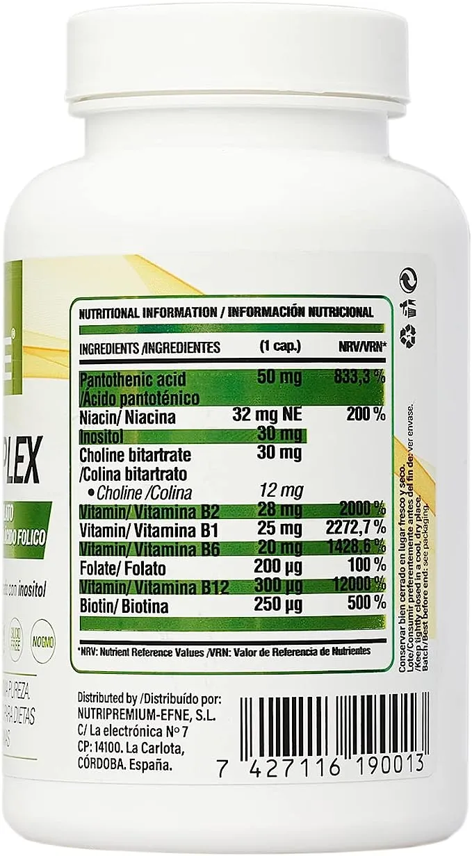 COMPLEJO DE VITAMINA B COMPLEX CON METILFOLATO. Forma Activa Ácido Fólico. (Deficiencias por veganismo, Agotamiento)
