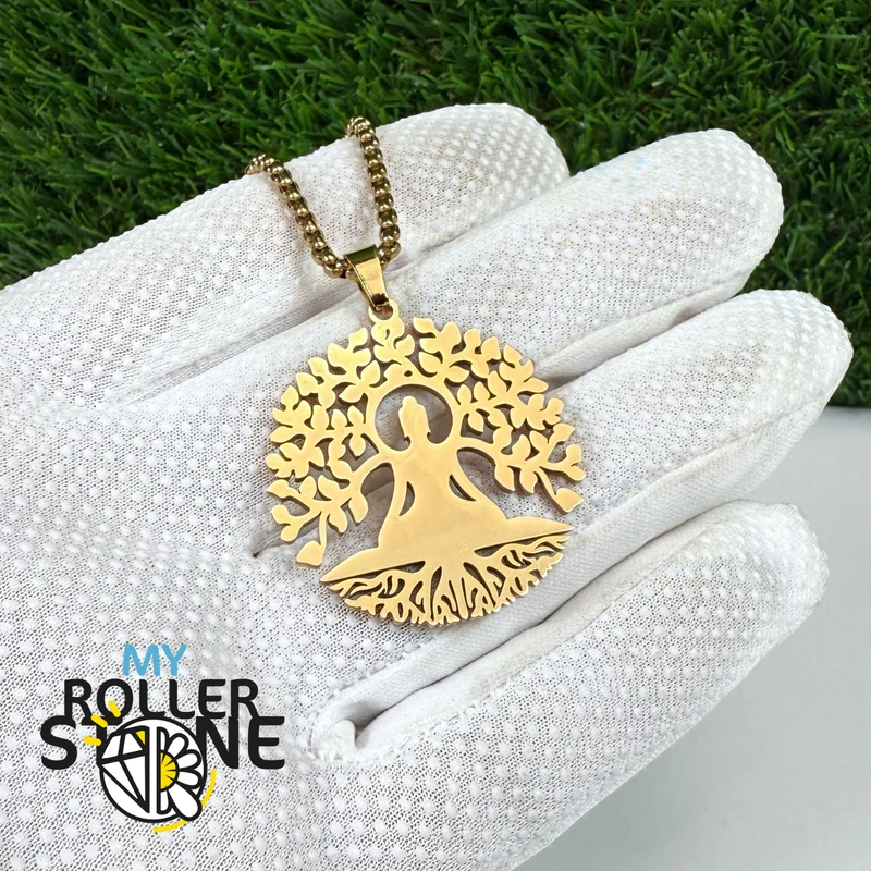Collar de meditación y árbol de la vida de acero inoxidable bañado en oro
