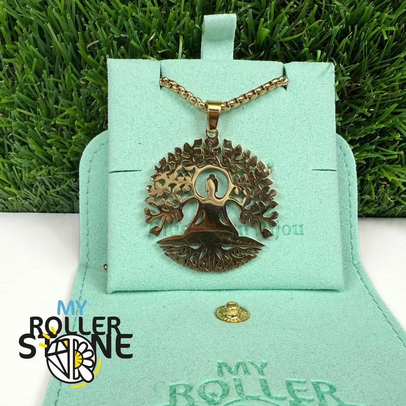 Collar de meditación y árbol de la vida de acero inoxidable bañado en oro
