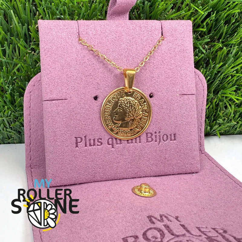Colgante de moneda francesa de acero inoxidable bañado en oro
