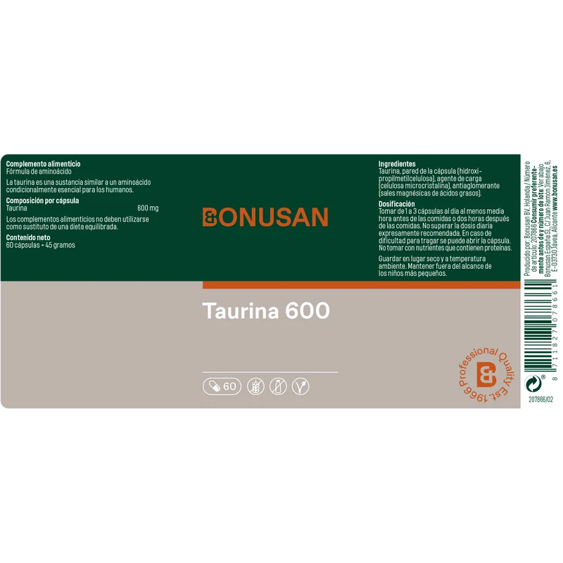 Taurina 600 mg 60 Capsulas | Bonusan