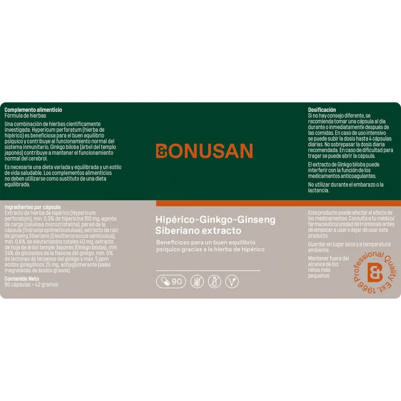 Hiperico Ginkgo Ginseng Siberiano 90 Capsulas | Bonusan
