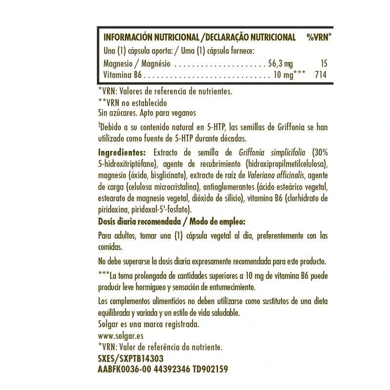 Solgar Griffonia 5 HTP Complex, 30 cápsulas