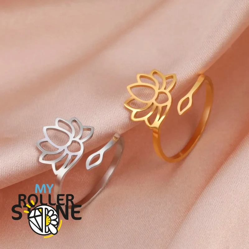 Anillo de flor de loto ajustable de acero inoxidable