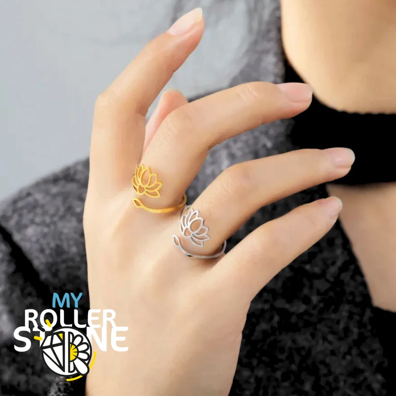 Anillo de flor de loto ajustable de acero inoxidable
