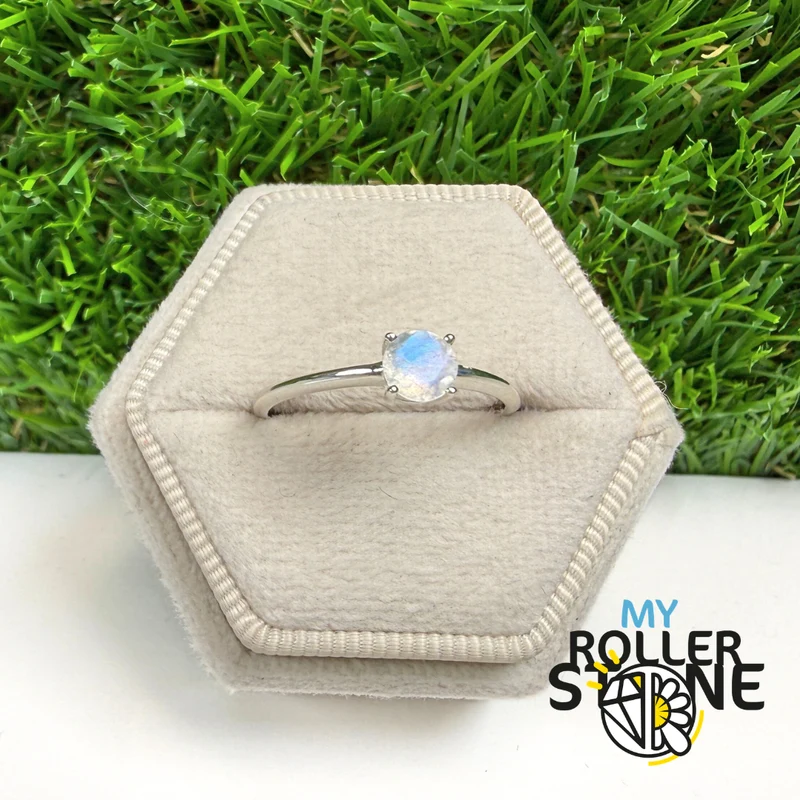 Anillo Solitario Piedra Luna Facetada Redonda (4 tamaños)