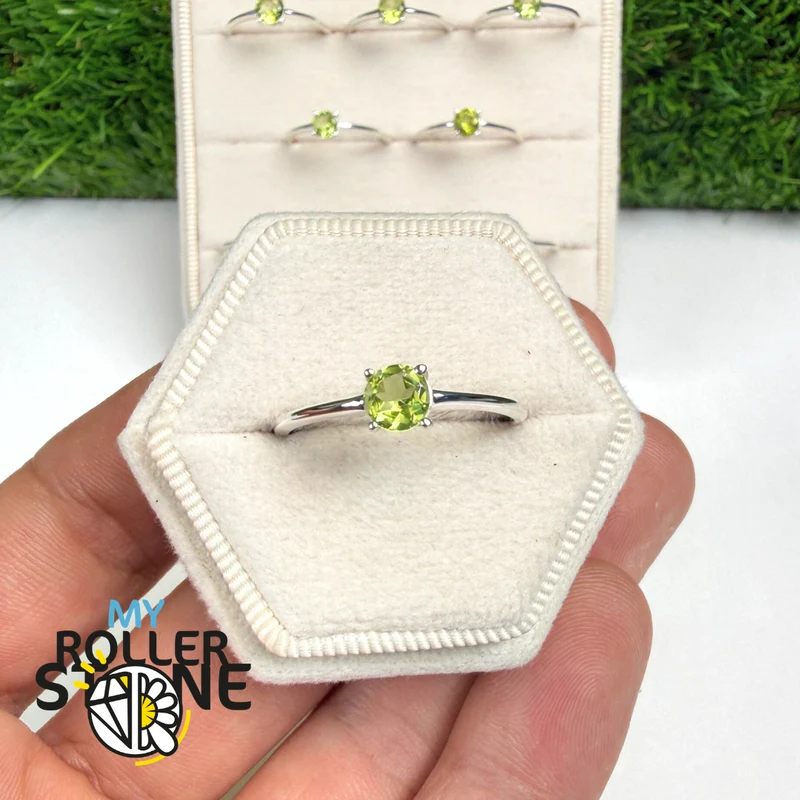 Anillo Solitario Redondo Facetado Peridoto (4 tamaños)