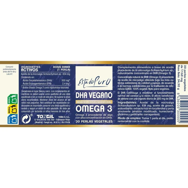 Estado Puro Dha Vegano Omega 3 30 perlas | Tongil