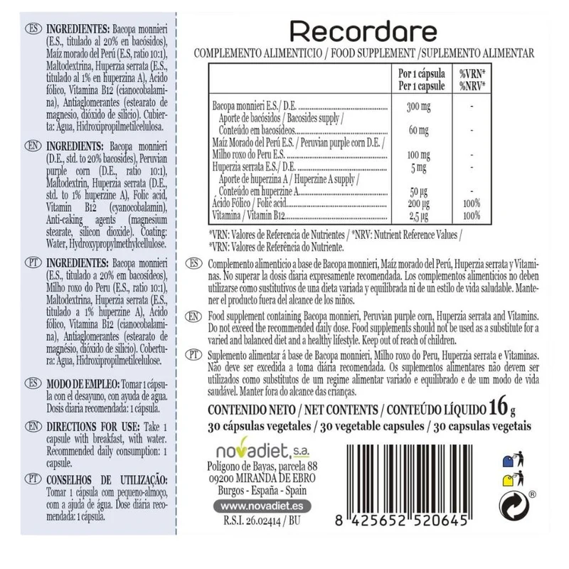 Recordare 30 cápsulas | Novadiet