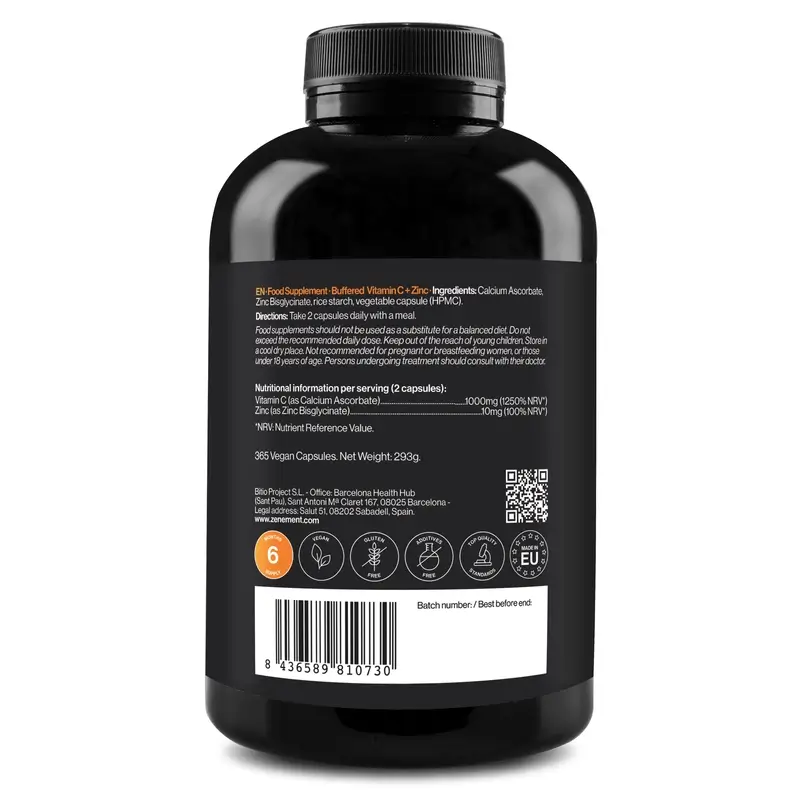 Zenement Vitamin C Buffered + Zinc, 365 vegan capsules