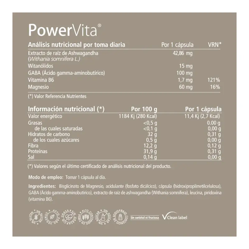 PowerVita 30 cápsulas - Con Ashwagandha, magnesio y GABA