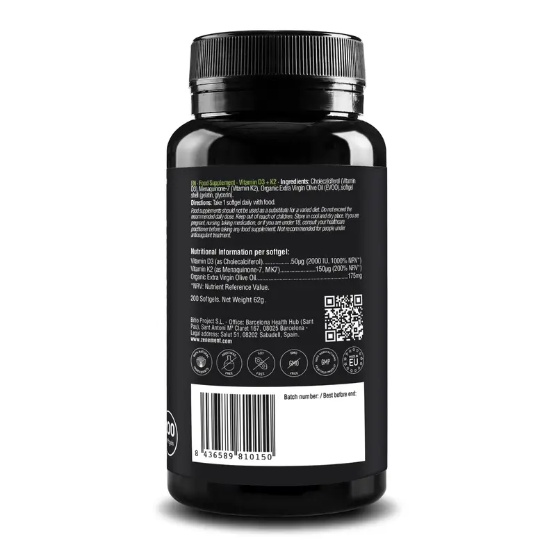 Zenement Vitamina D3 + K2, 2000 Ui Y 150 µg Mk-7, 200 cápsulas blandas