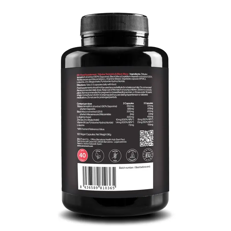 Zenement Tribulus Terrestris Y Maca Negra, 120 cápsulas veganas