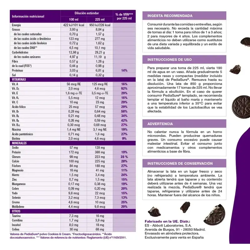 Pediasure Cookies & Cream + Drink Chocolate Niños, 850 gr + 4 Botellas Chocolate x 220 ml