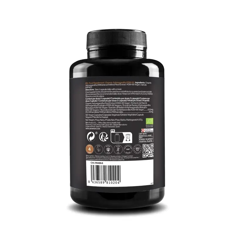 Zenement Ashwagandha Ecológica Ksm-66, 120 cápsulas veganas