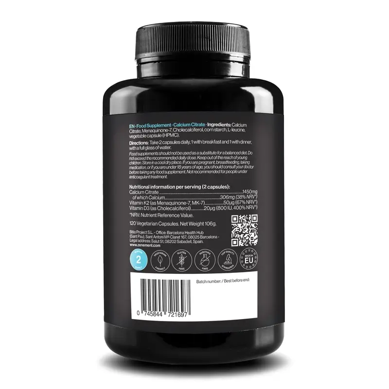 Zenement Citrato De Calcio Vitamina D3 Y K2, 120 cápsulas vegetarianas