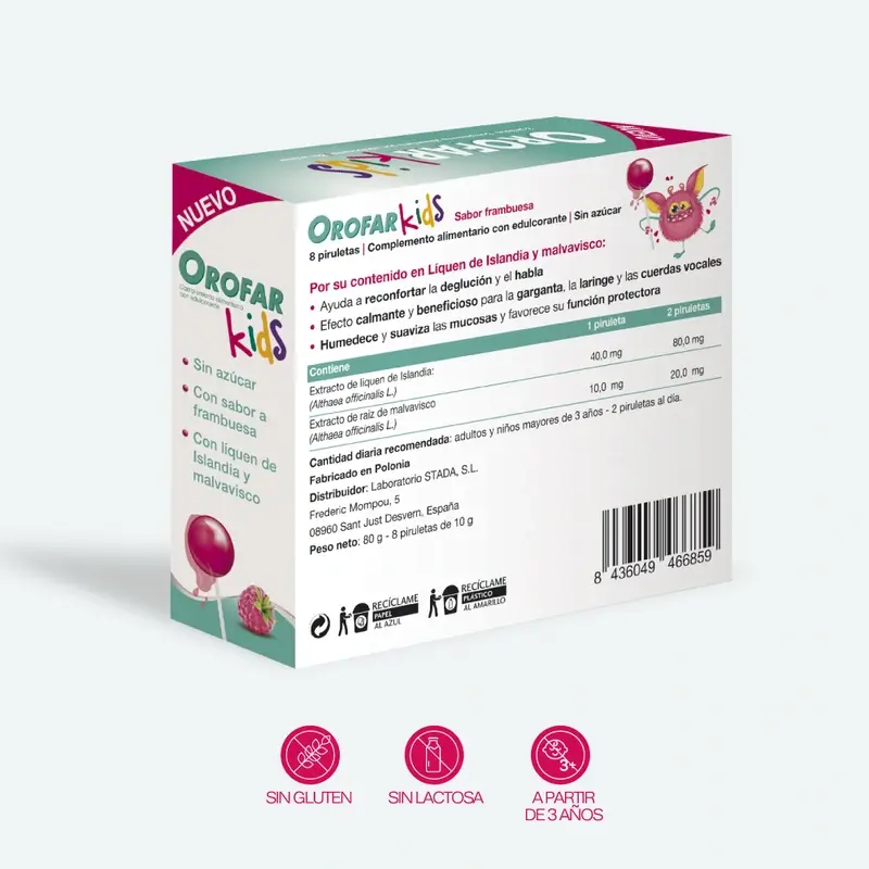 Orofar Kids Piruletas Para Picor De Garganta Sabor Frambuesa Sin Azúcar , 8 piruletas