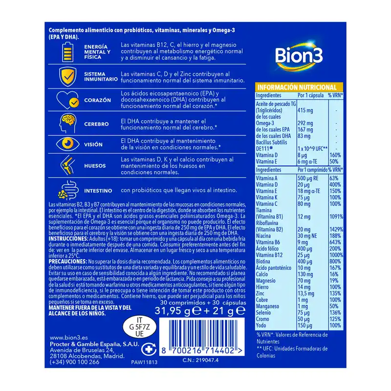 Bion3 Multi & Omega-3 Con Probióticos, 60 cápsulas